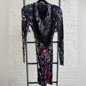 New Desigual Abstract Print L/S Bodycon Dress w Cowl Neck & Long Fringe, Size M